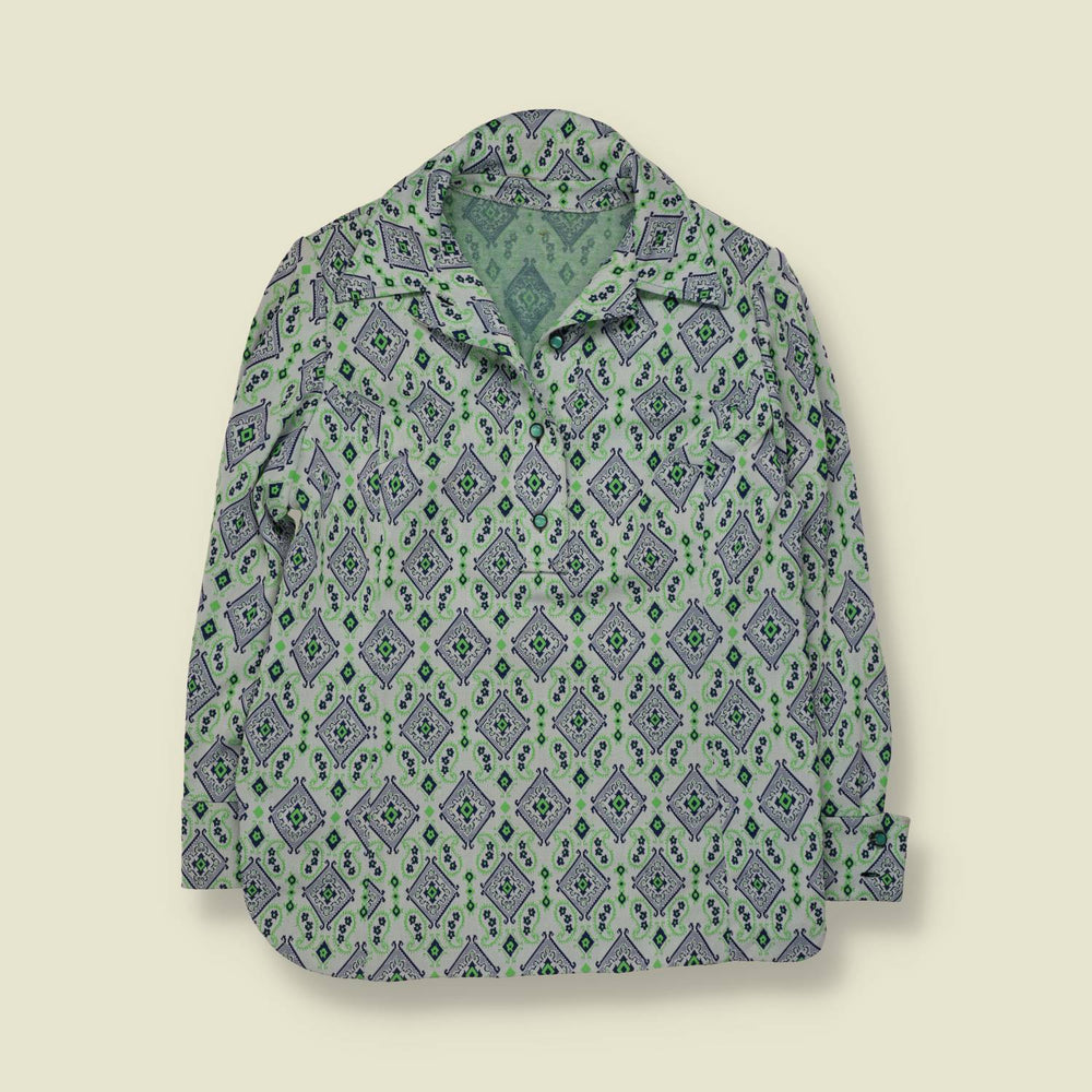 1970s | Jacquard Print Blouse | Green & Blue - 16