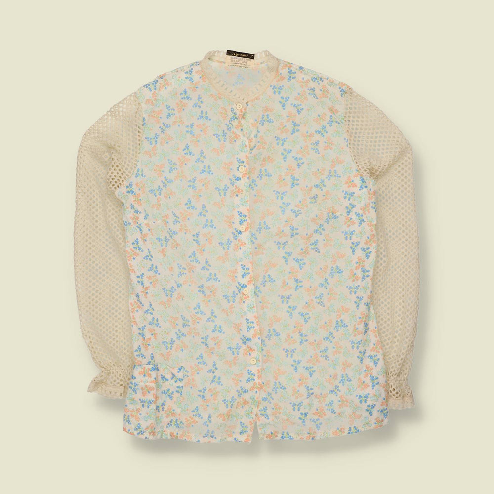 1970s | Made In Italy | Crochet Sleeve Top | Cream Floral - 14
