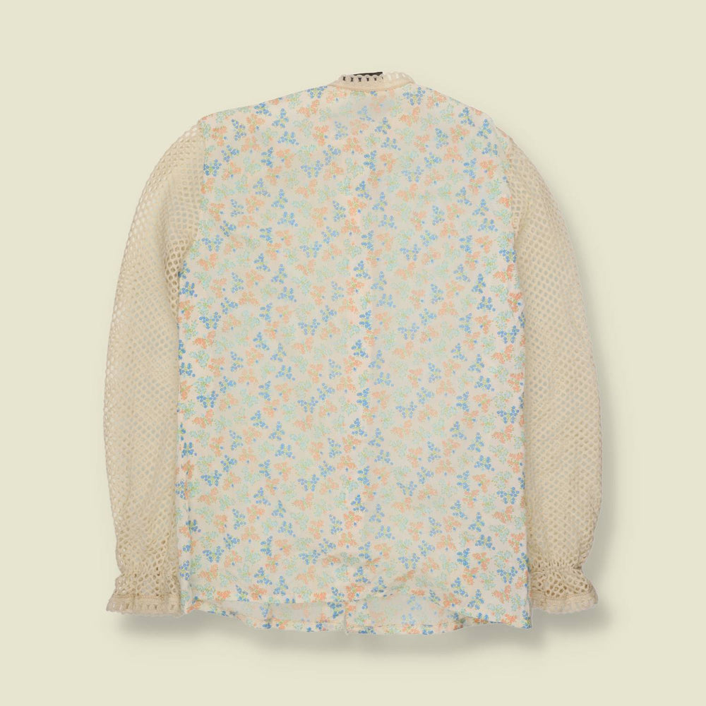 1970s | Made In Italy | Crochet Sleeve Top | Cream Floral - 14