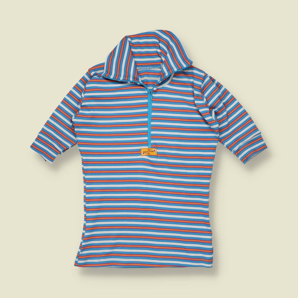 1990s does 70s | Special Collection | Striped Zip Neck Top | Blue, White & Orange - 8