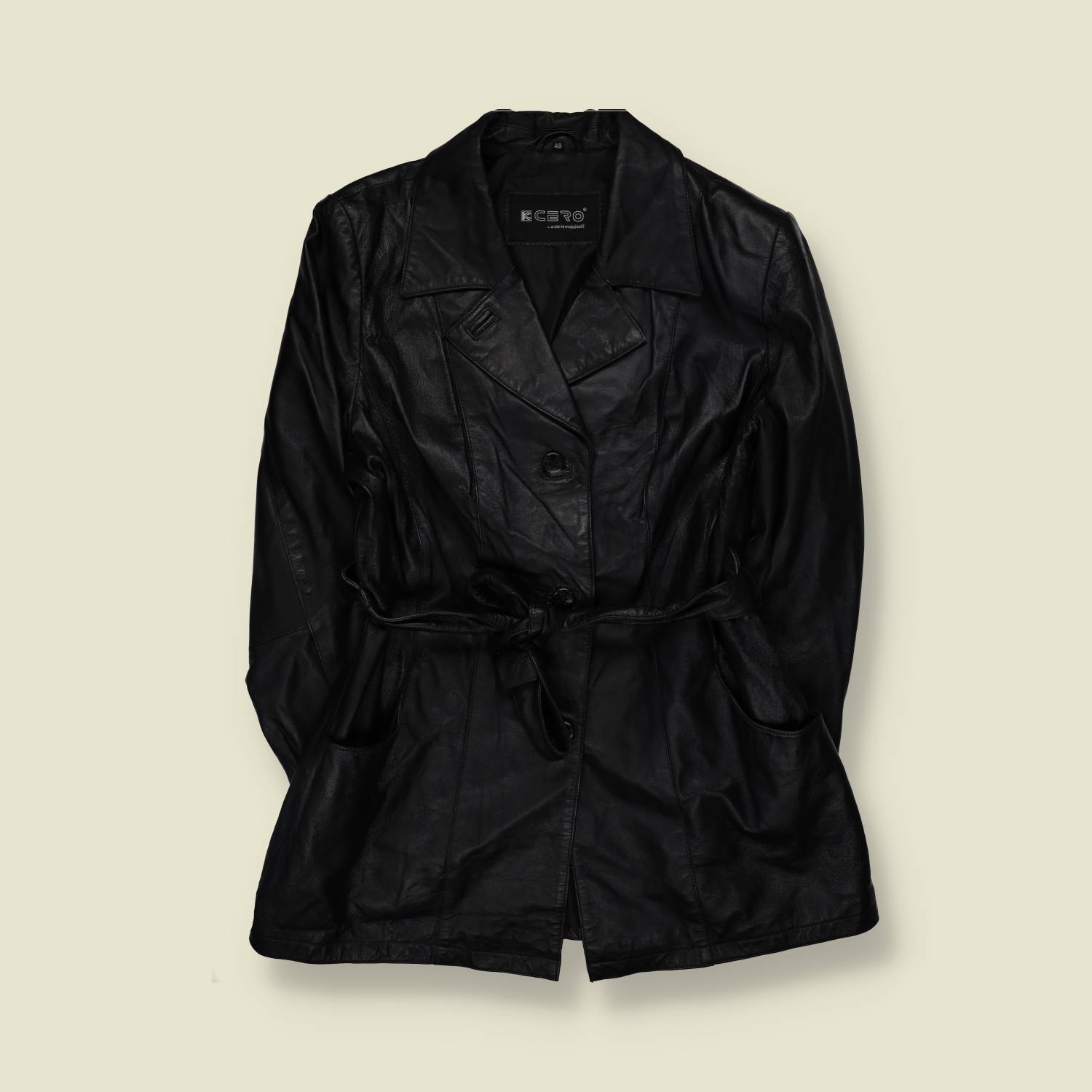 1990s | KCero | Belted Leather Coat | Black - 12