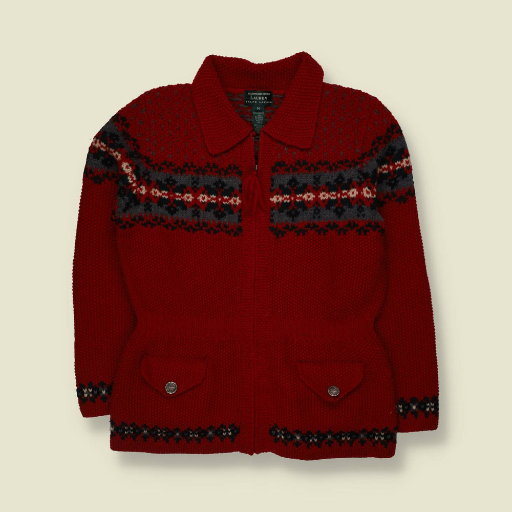 1990s | Ralph Lauren | Hand Knit Wool Cardigan | Red - 12