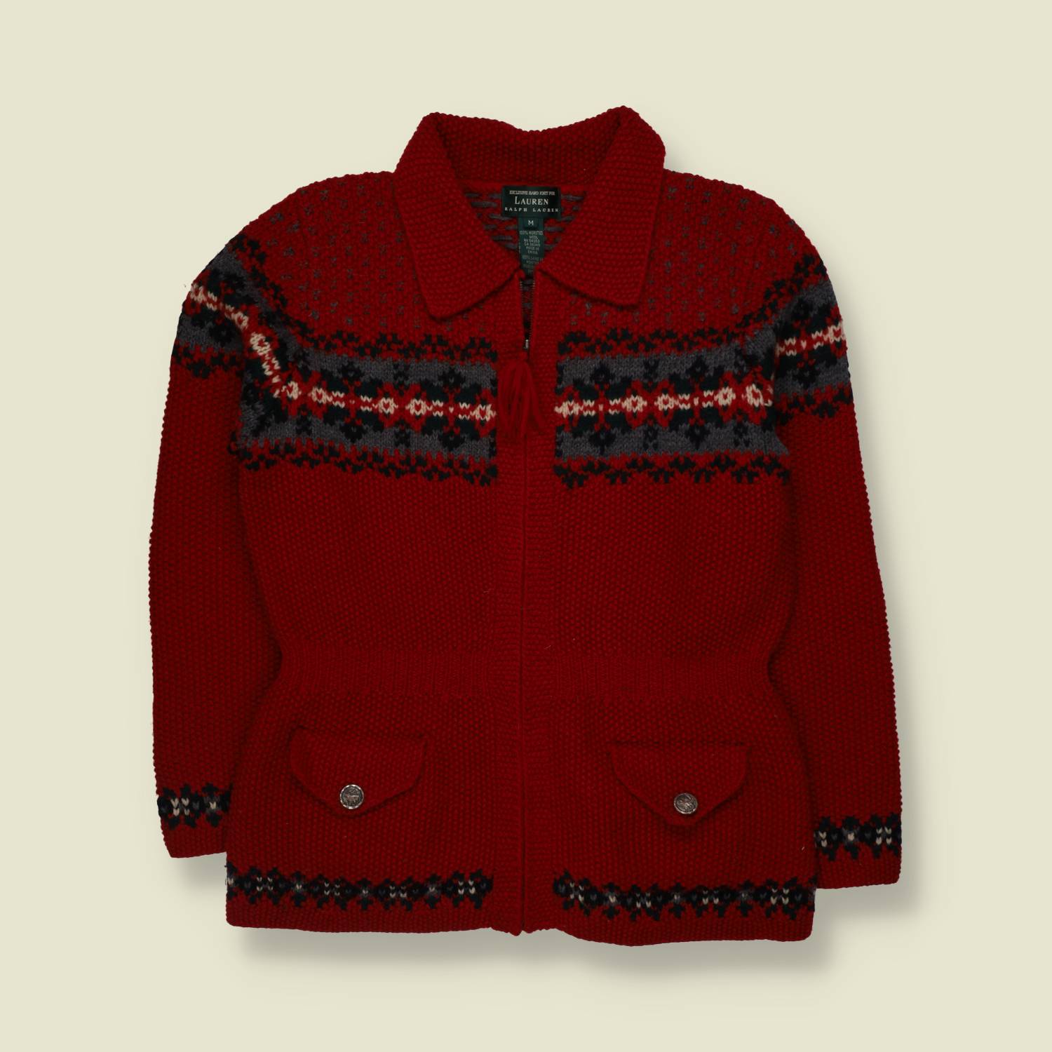 1990s | Ralph Lauren | Hand Knit Wool Cardigan | Red - 12