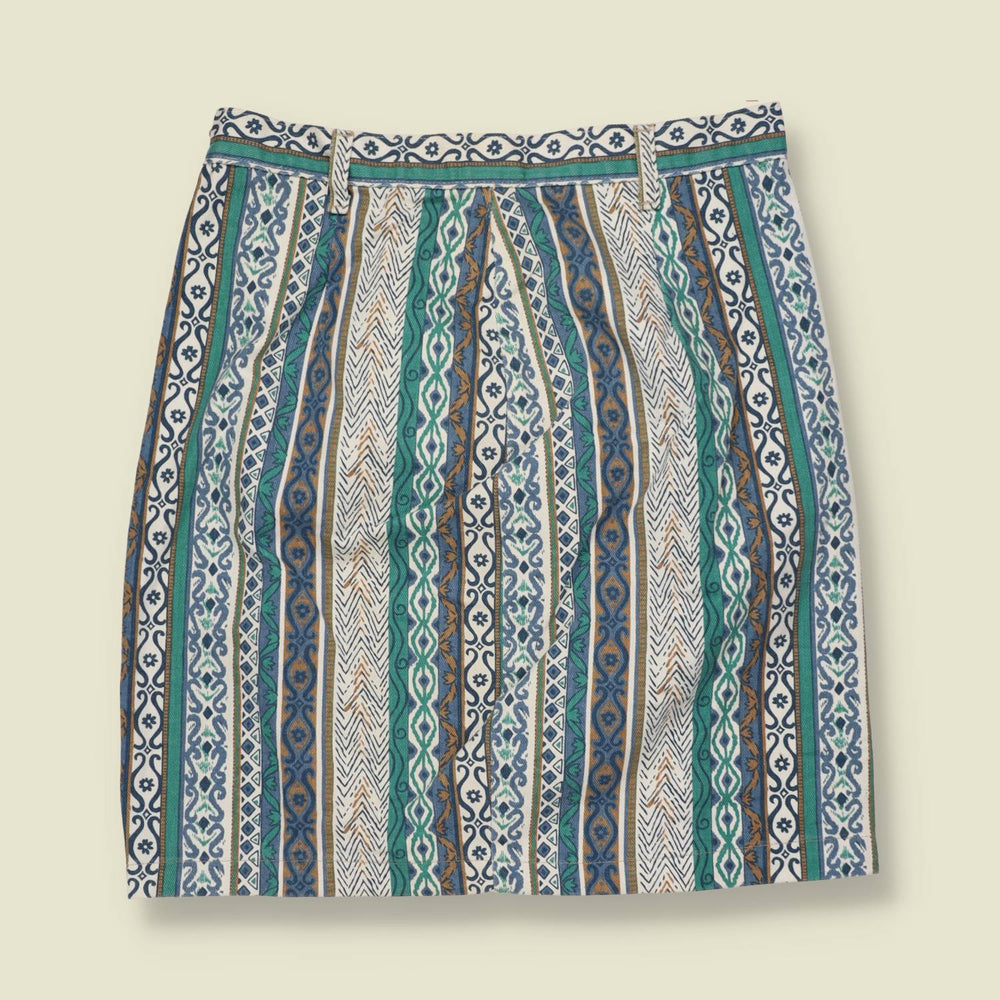 1980s | Patterned Denim Skirt | Blue & Green - w30