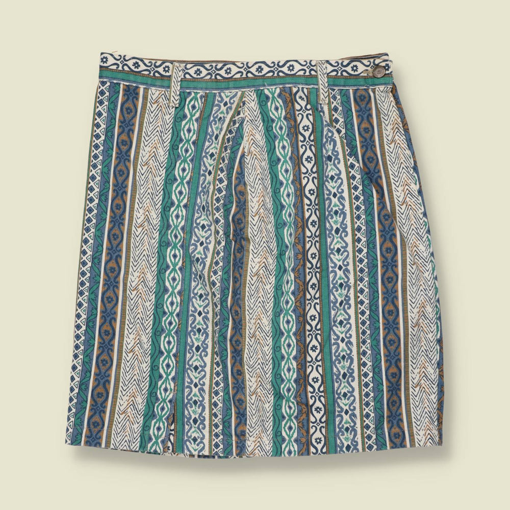 1980s | Patterned Denim Skirt | Blue & Green - w30