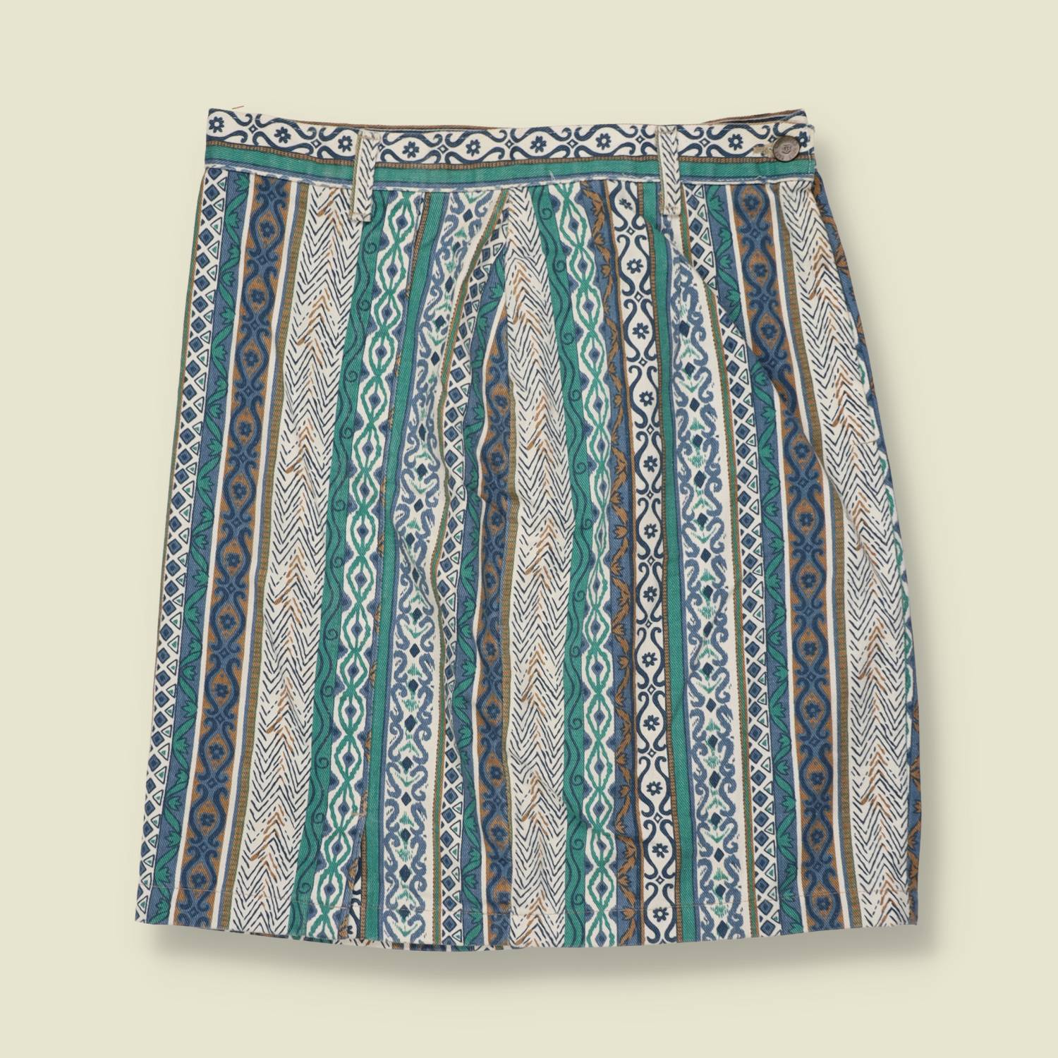 1980s | Patterned Denim Skirt | Blue & Green - w30