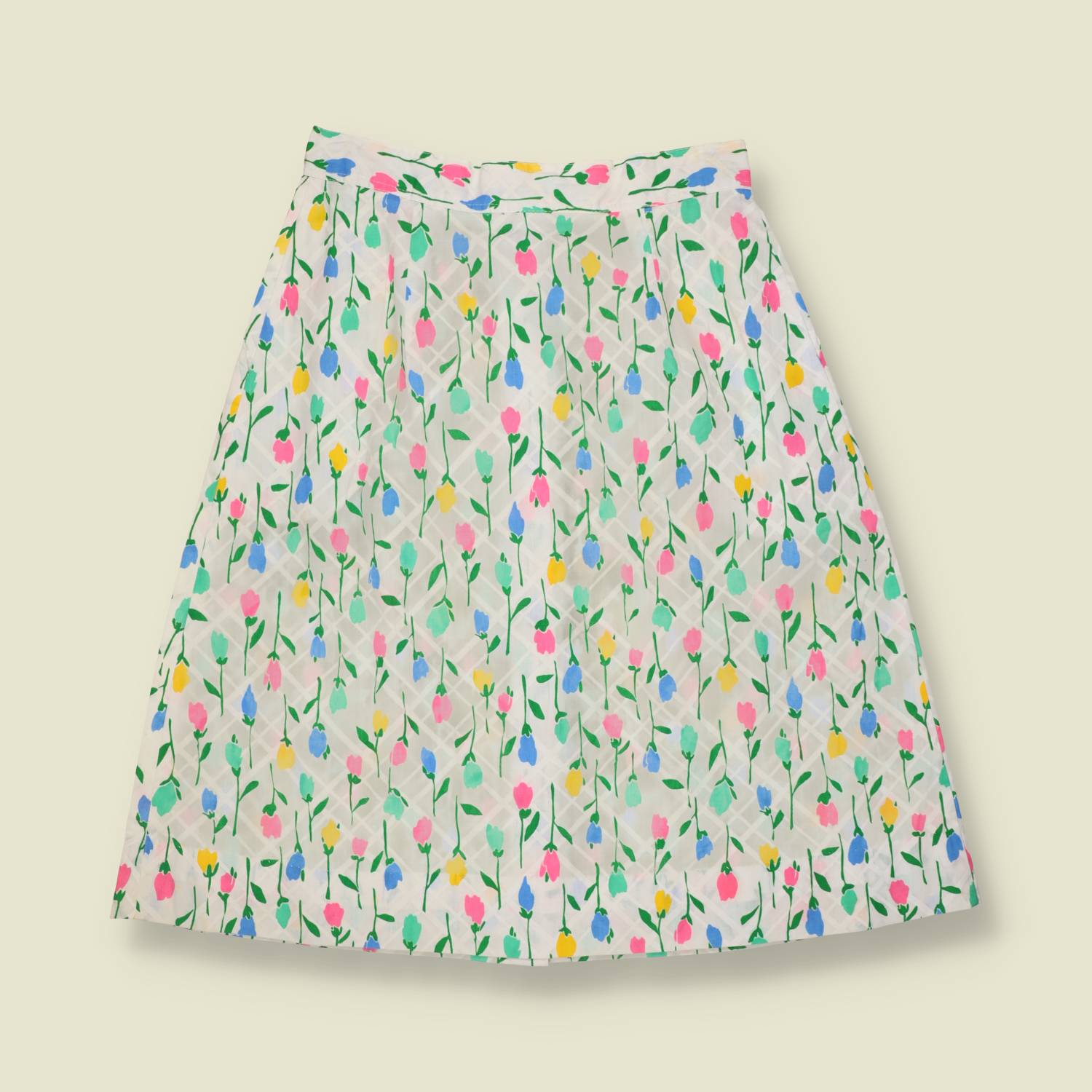1980s | Floral Skirt | White -w28