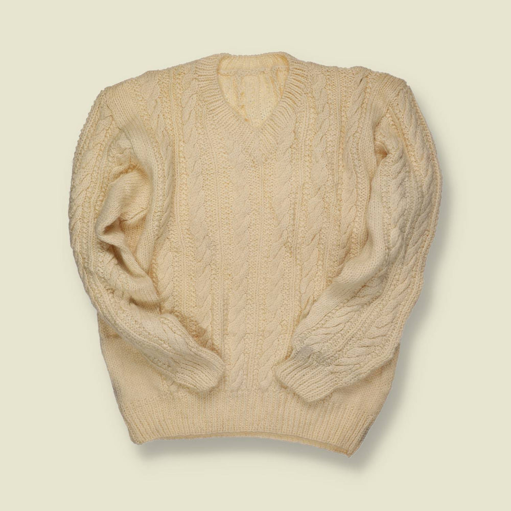 1970s | Hand-Knit V-Neck Aran Jumper – Natural Cream Wool - S