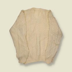 1970s | Hand-Knit V-Neck Aran Jumper – Natural Cream Wool - S