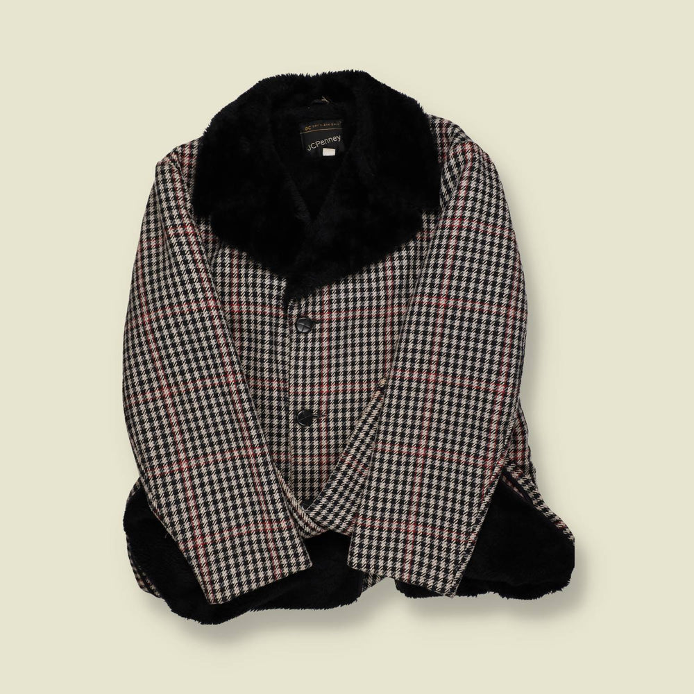 1970s | JCPenney | Houndstooth Coat – Faux Fur Collar & Lining - S/M