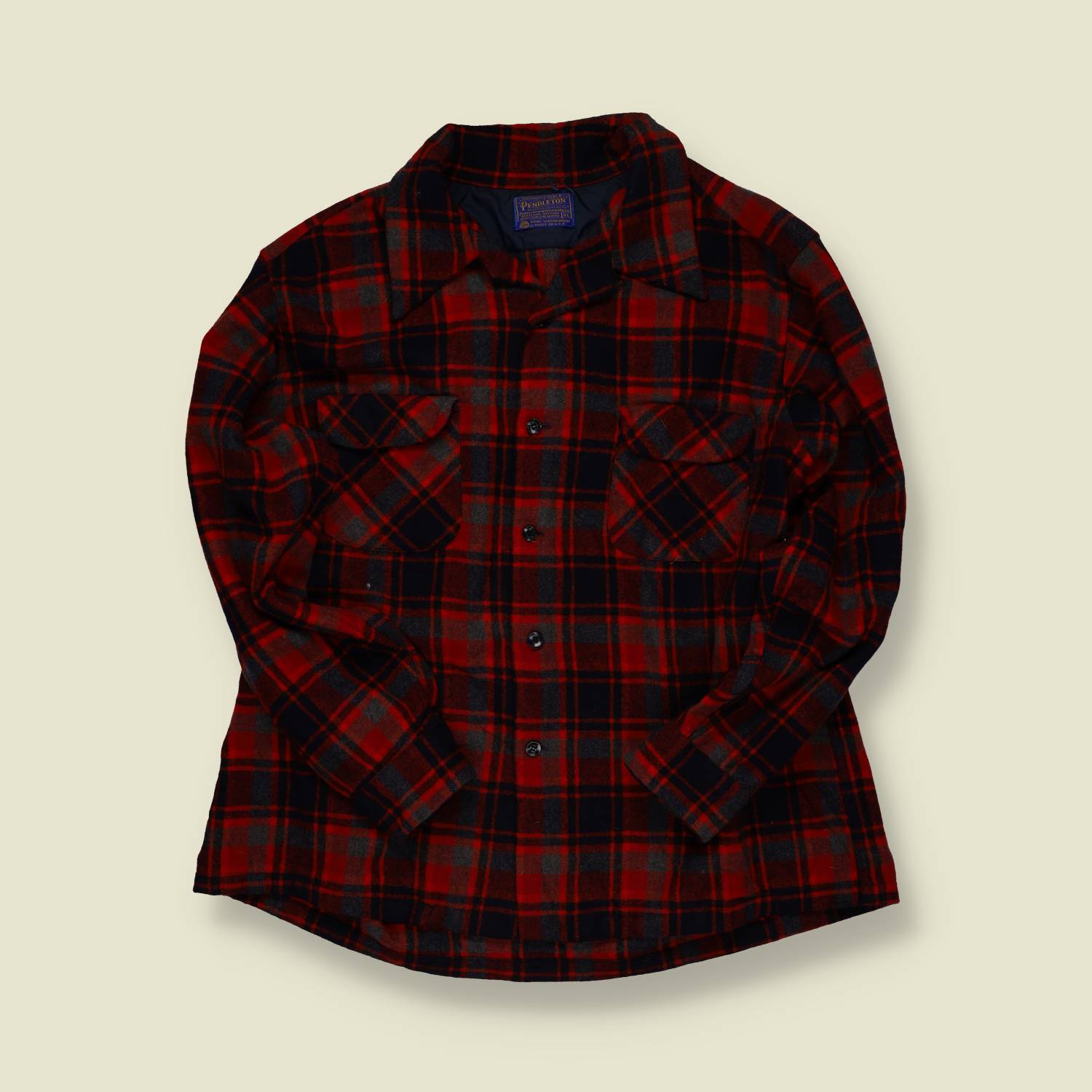 1970s | Pendleton | Made in USA | Wool Board Shirt – Red/Navy/Grey Plaid - L/XL