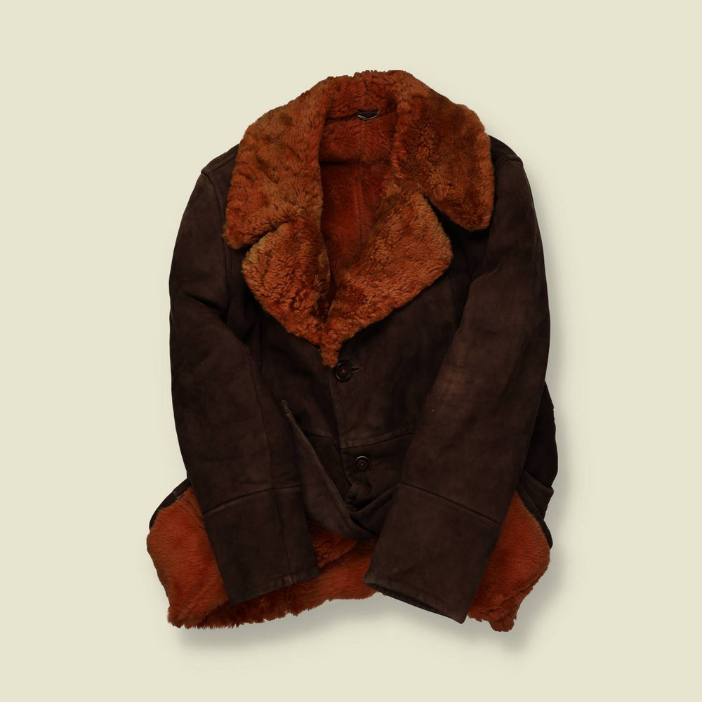 1970s | Sheepskin (Shearling) Shawl-Collar Coat – Chocolate Suede & Rust Fleece - S/M