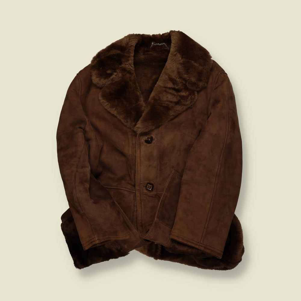 1970s | Sheepskin (Shearling) Shawl-Collar Coat – Dark Chocolate Suede & Brown Fleece - L