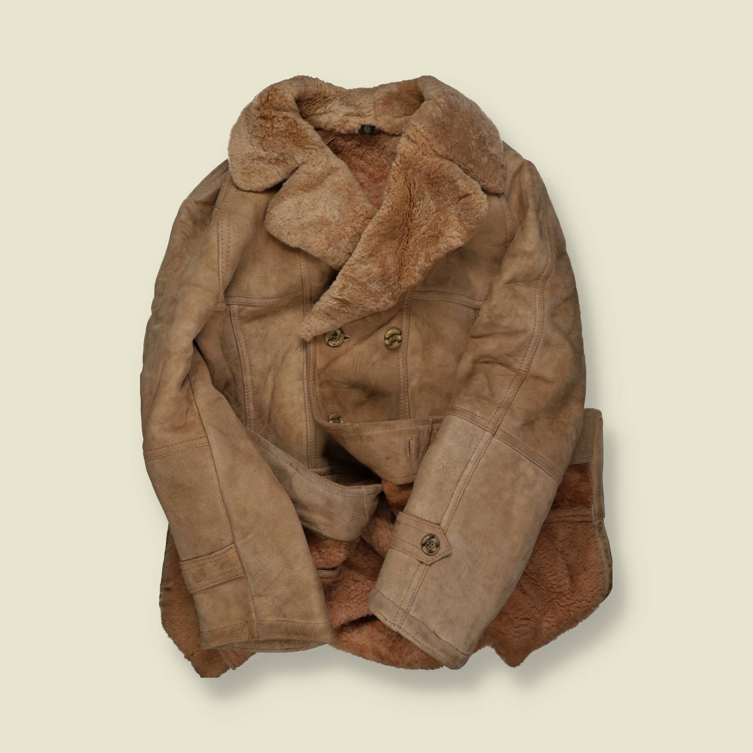 1970s | Sheepskin (Shearling) Double-Breasted Coat – Fawn Suede & Camel Fleece - M