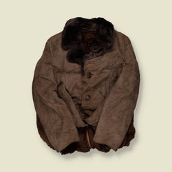 1970s | Sheepskin (Shearling) Coat – Taupe Suede, Dark Brown Mouton Collar - S