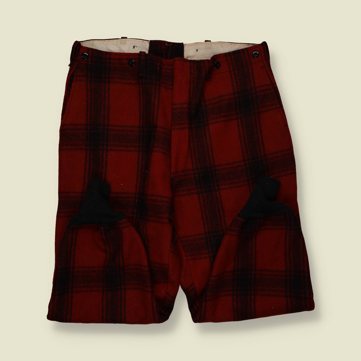 1950s | Wool Plaid Hunting Trousers – Deep Red & Black Check - w34-36