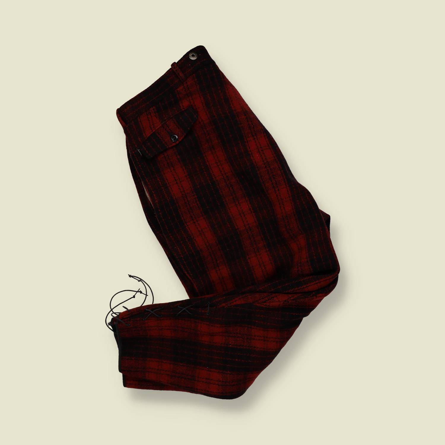 1930s–40s | Wool Hunting Trousers – Red & Black Plaid with Lace-Tie Cuffs - w36-38