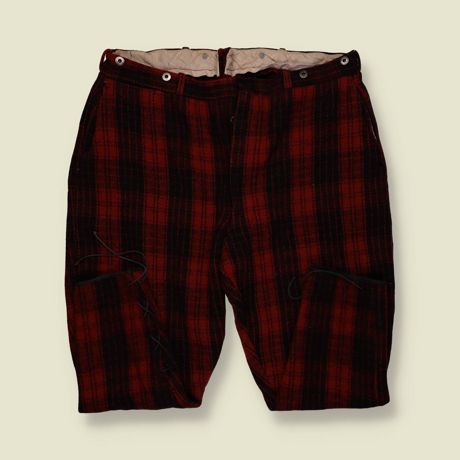 1930s–40s | Wool Hunting Trousers – Red & Black Plaid with Lace-Tie Cuffs - w36-38