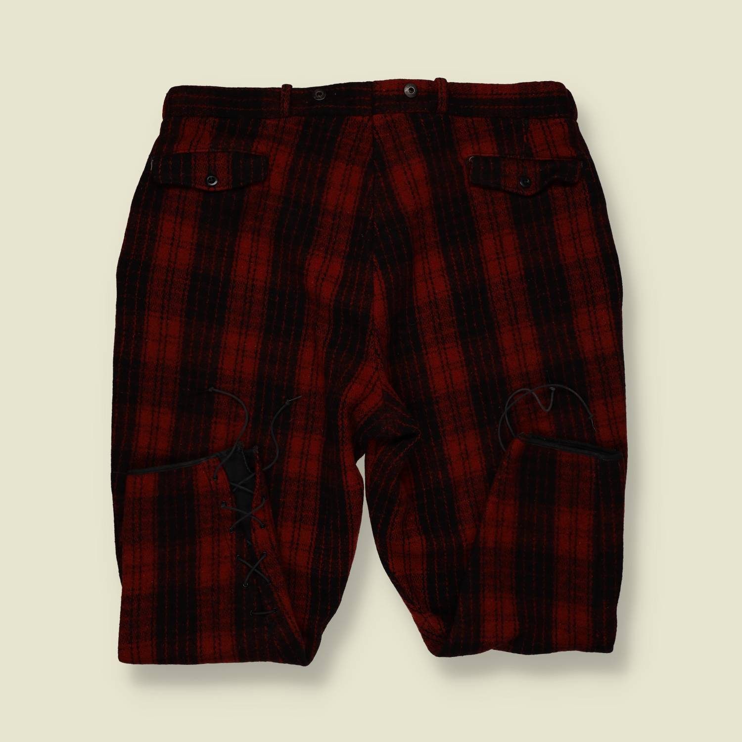 1930s–40s | Wool Hunting Trousers – Red & Black Plaid with Lace-Tie Cuffs - w36-38