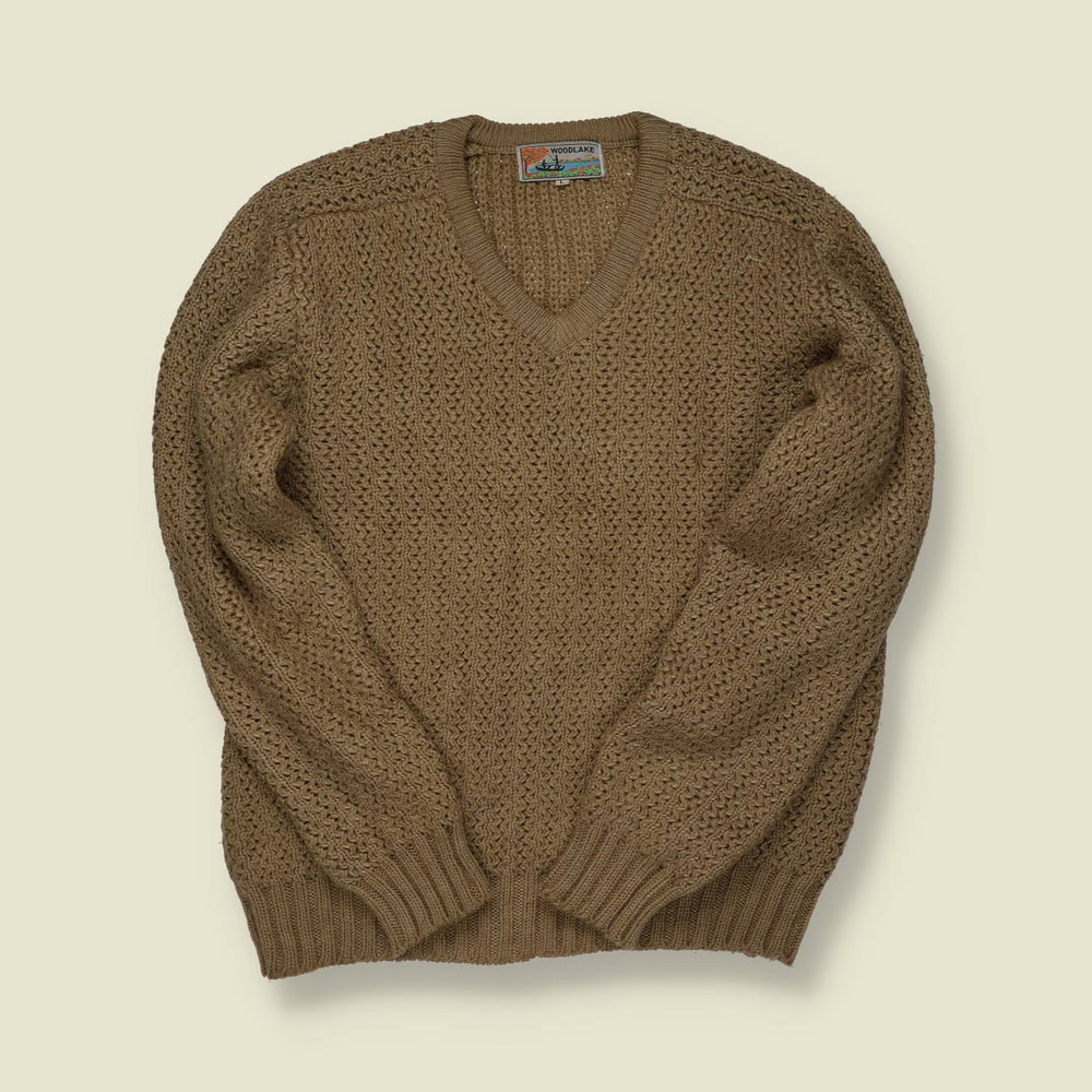 1970s | Woodlake Hand-Knit V-Neck Fisherman Jumper – Olive Brown - M/L
