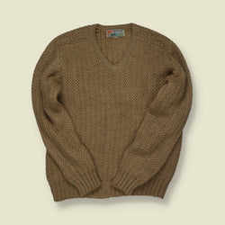 1970s | Woodlake Hand-Knit V-Neck Fisherman Jumper – Olive Brown - M/L